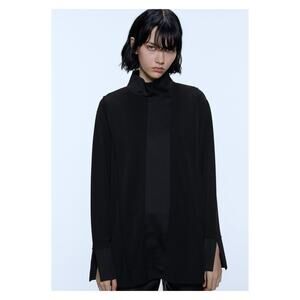 ZARA Satin Paneled Mock‎ Neck Blouse S Black